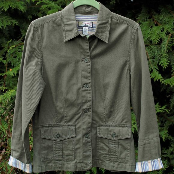 Caribbean Joe Jackets & Blazers - Caribbean Joe Olive Utility Jacket With Pockets & Striped Trim